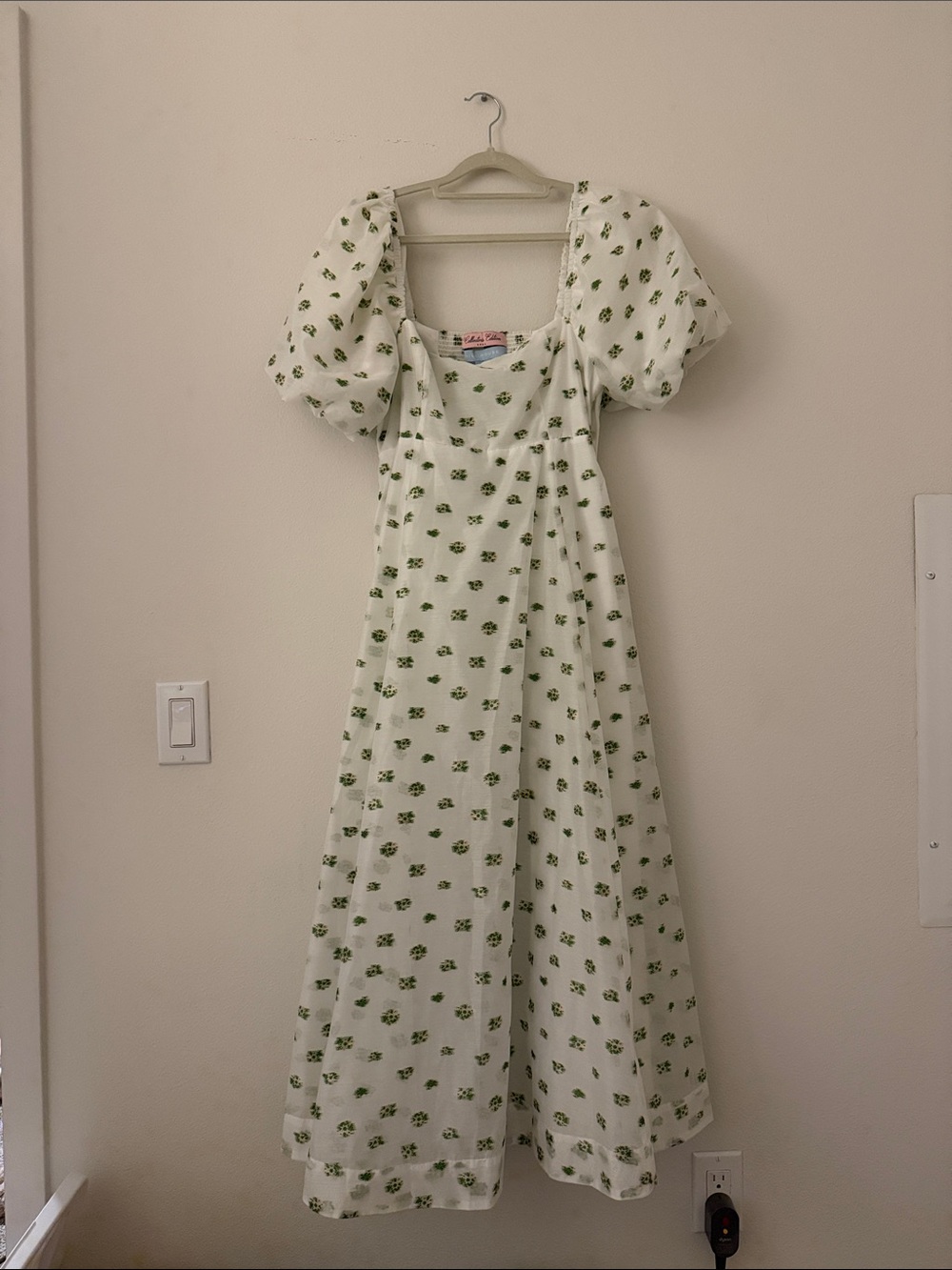 Hill House White Maxi Dress with Green Floral Print and Puff Sleeves